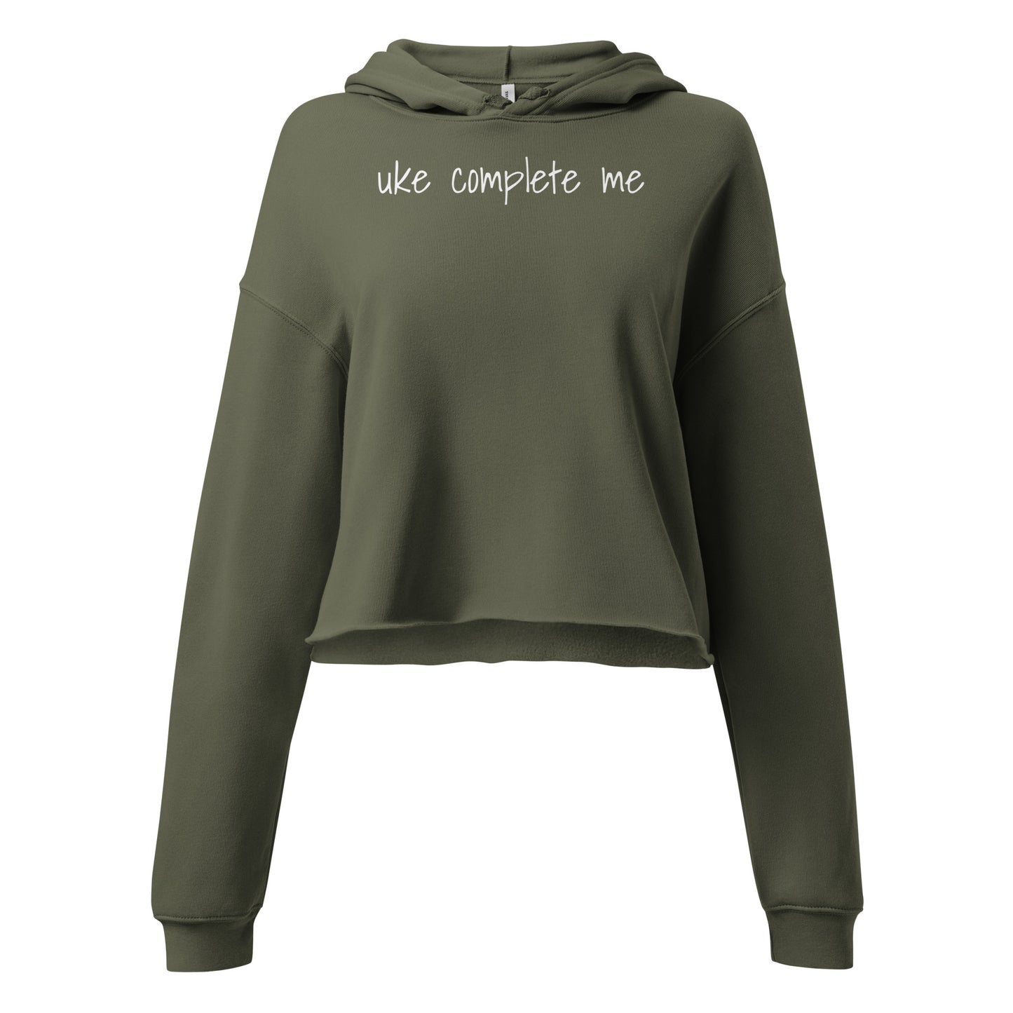 Military Green cropped hoodie with 'uke complete me' written in white text.