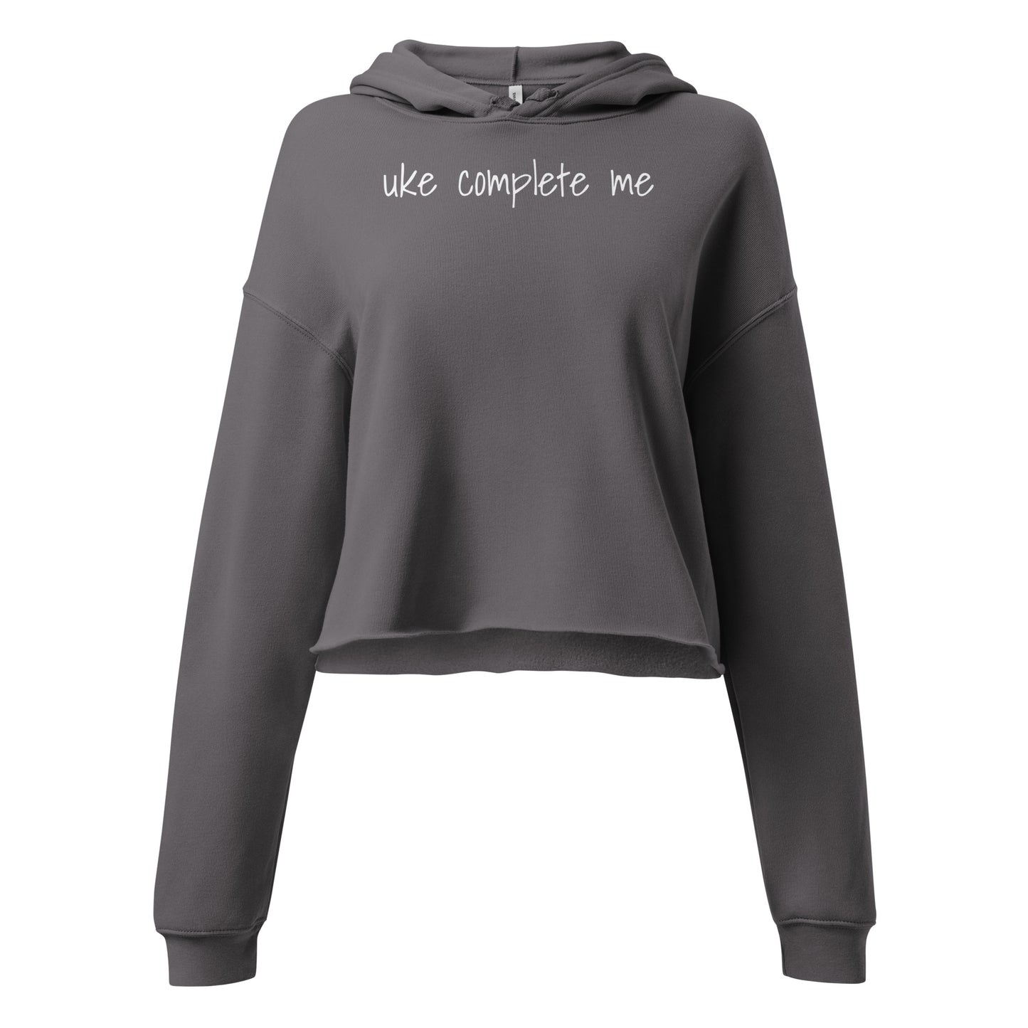 Storm Front Grey cropped hoodie with 'uke complete me' written in white text.