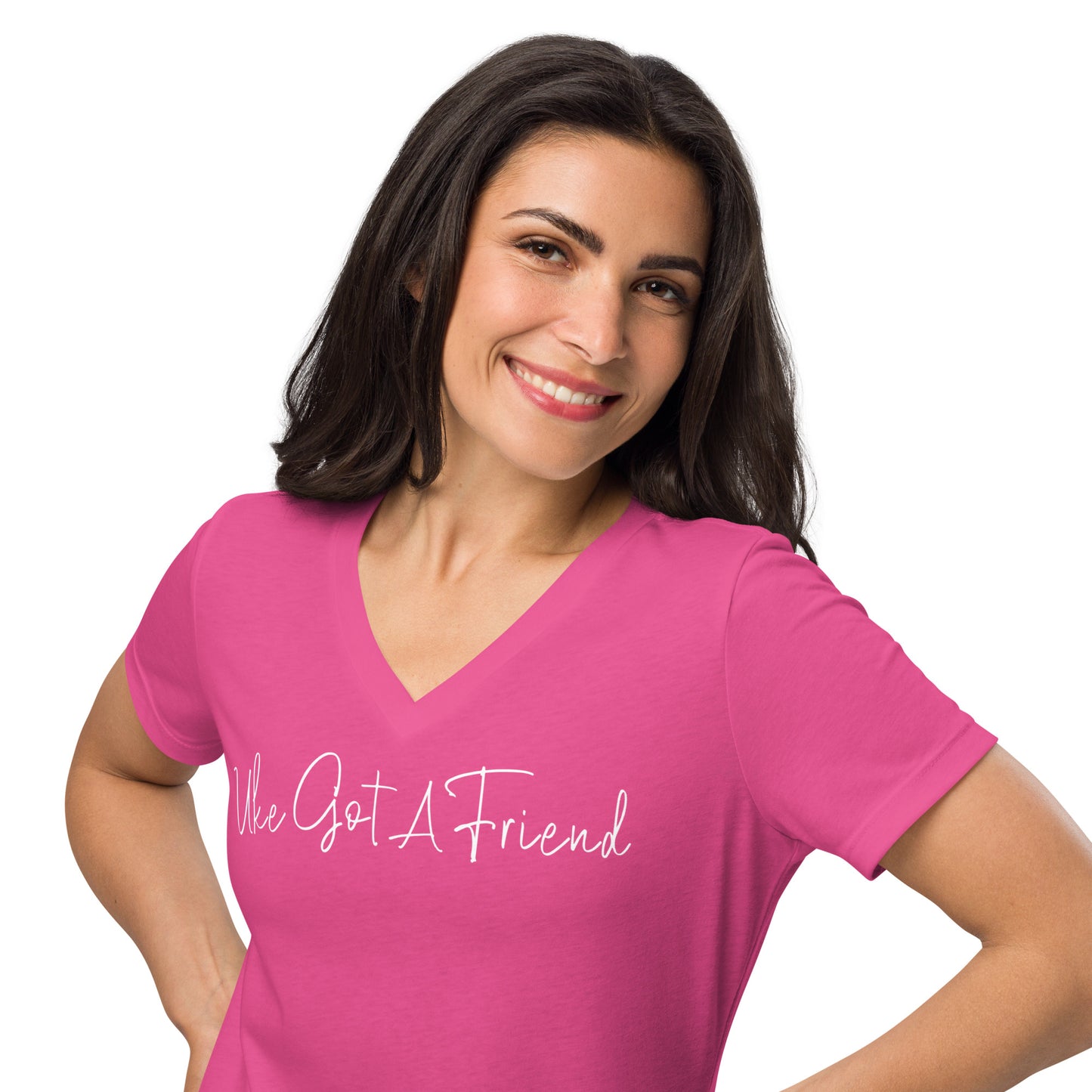Woman wearing a berry pink v-neck t-shirt printed with 'Uke Got A Friend' in white cursive text.