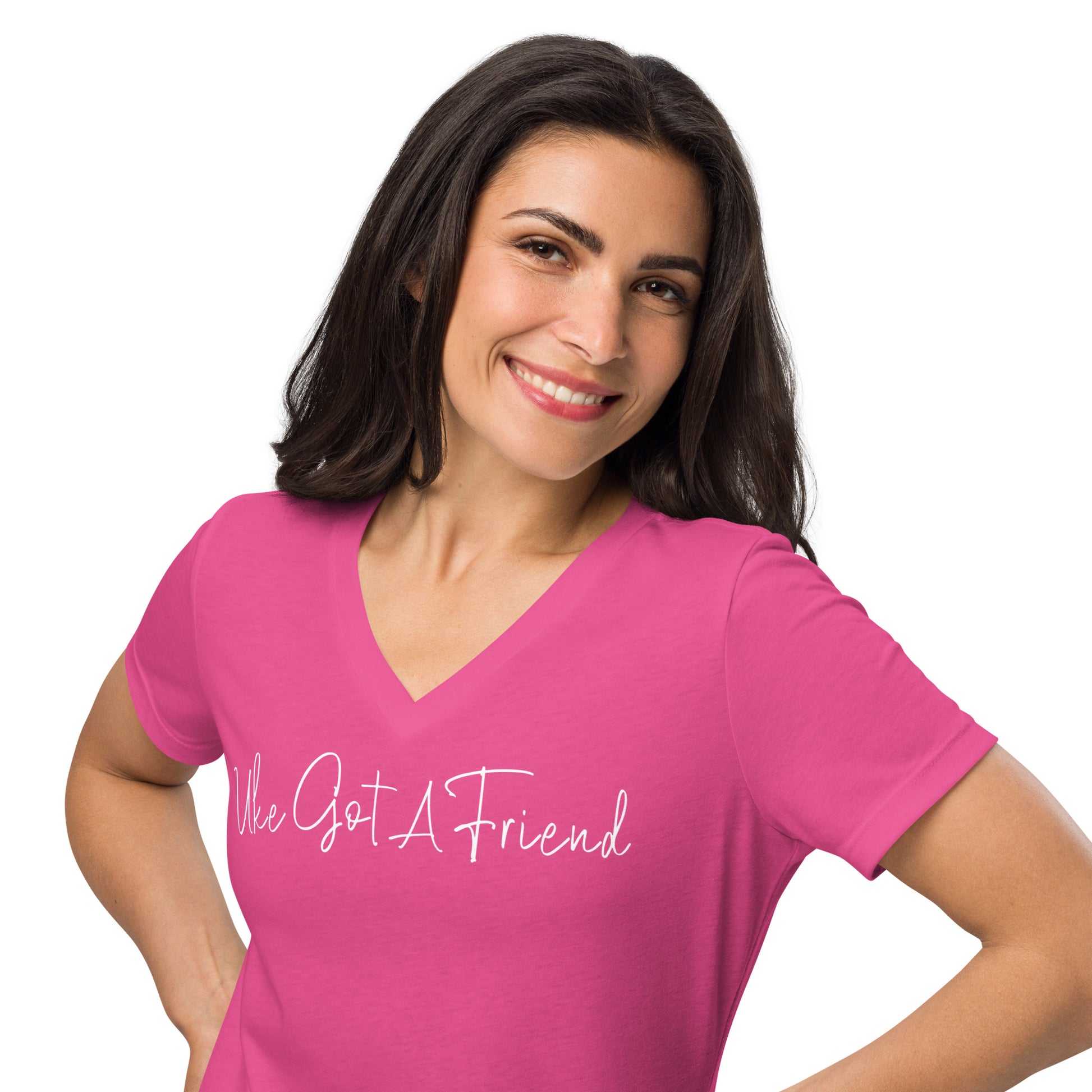 Woman wearing a berry pink v-neck t-shirt printed with 'Uke Got A Friend' in white cursive text.