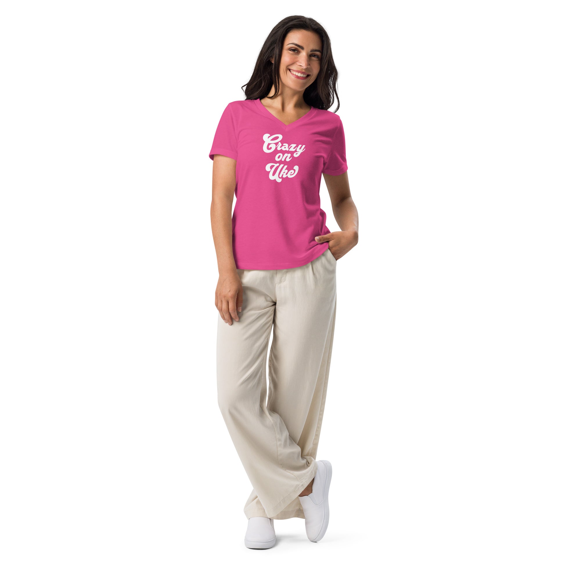 Woman wearing a berry pink v-neck t-shirt with 'Crazy On Uke' in white cursive text.