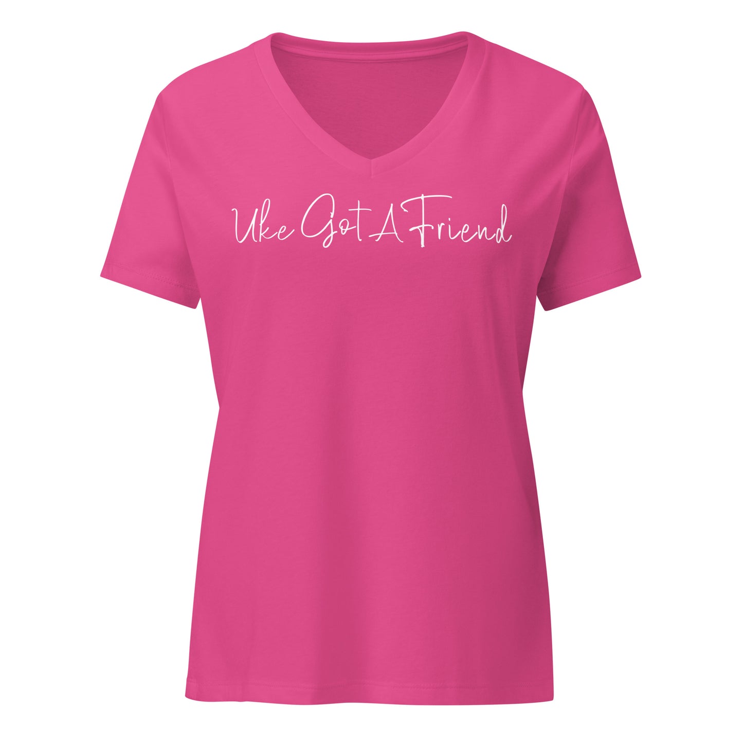 Berry pink v-neck t-shirt printed with 'Uke Got A Friend' in white cursive text.