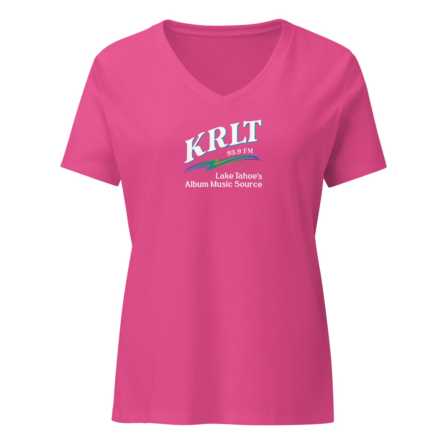 Women's Berry Pink v-neck t-shirt with square, centered KRLT logo in white, blue, and green.