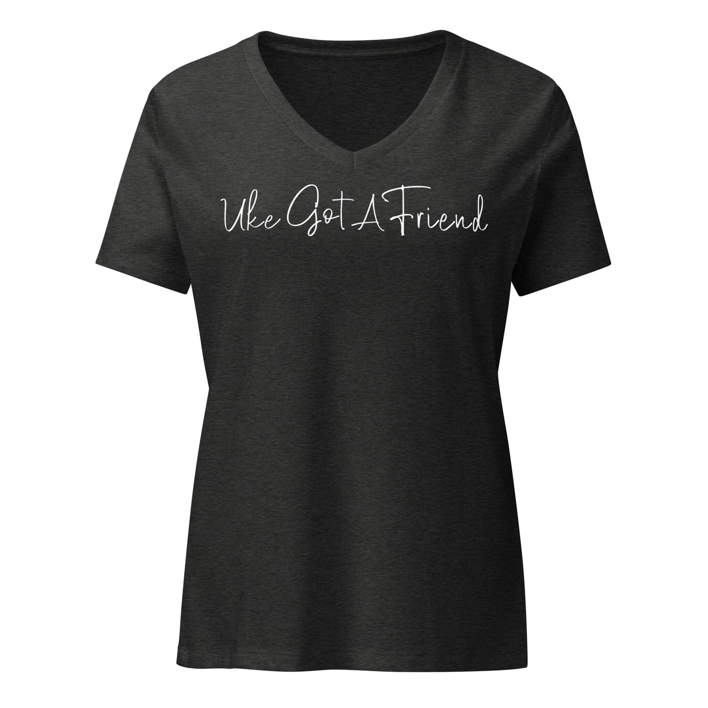 Dark grey v-neck t-shirt printed with 'Uke Got A Friend' in white cursive text.