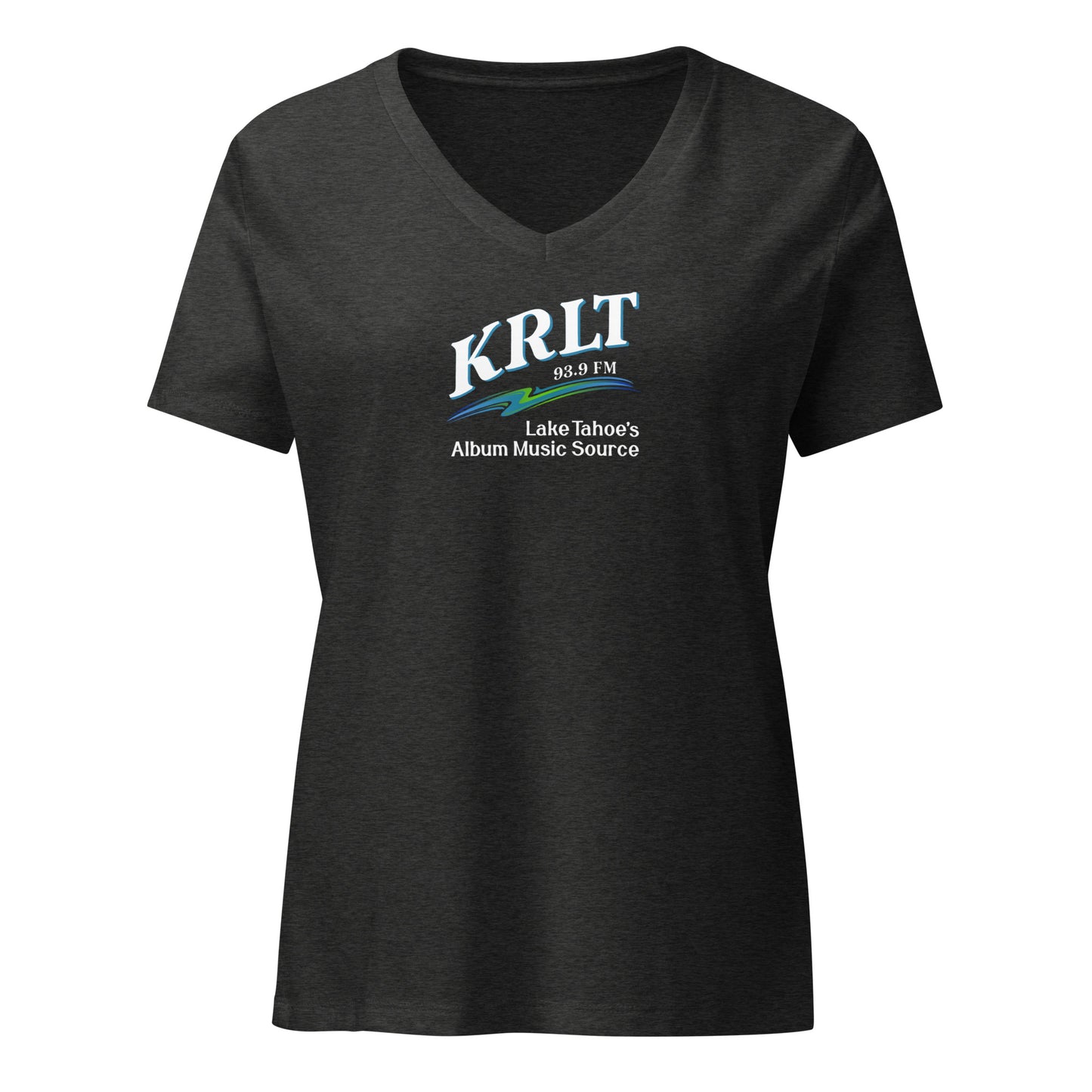 Women's Dark Grey Heather v-neck t-shirt with square, centered KRLT logo in white, blue, and green.