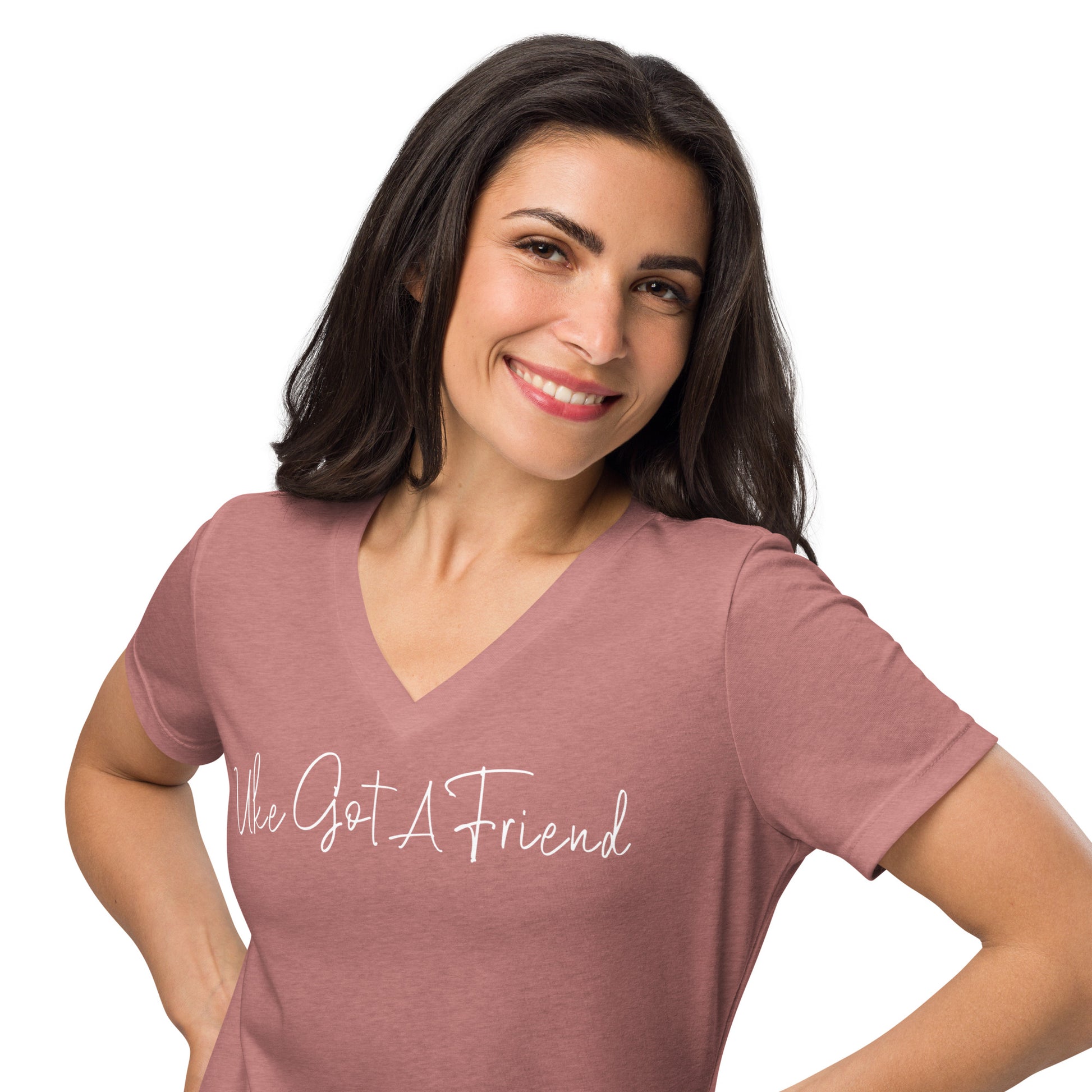 Woman wearing a heather mauve v-neck t-shirt printed with 'Uke Got A Friend' in white cursive text.