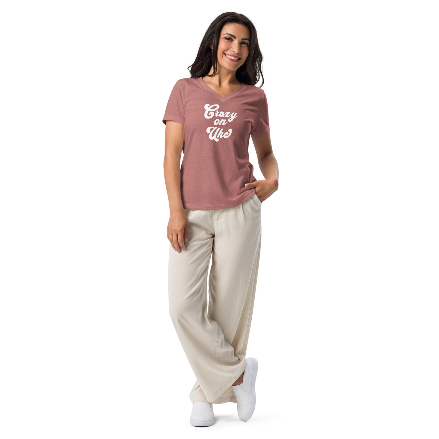 Woman wearing a heather mauve v-neck t-shirt with 'Crazy On Uke' in white cursive text.
