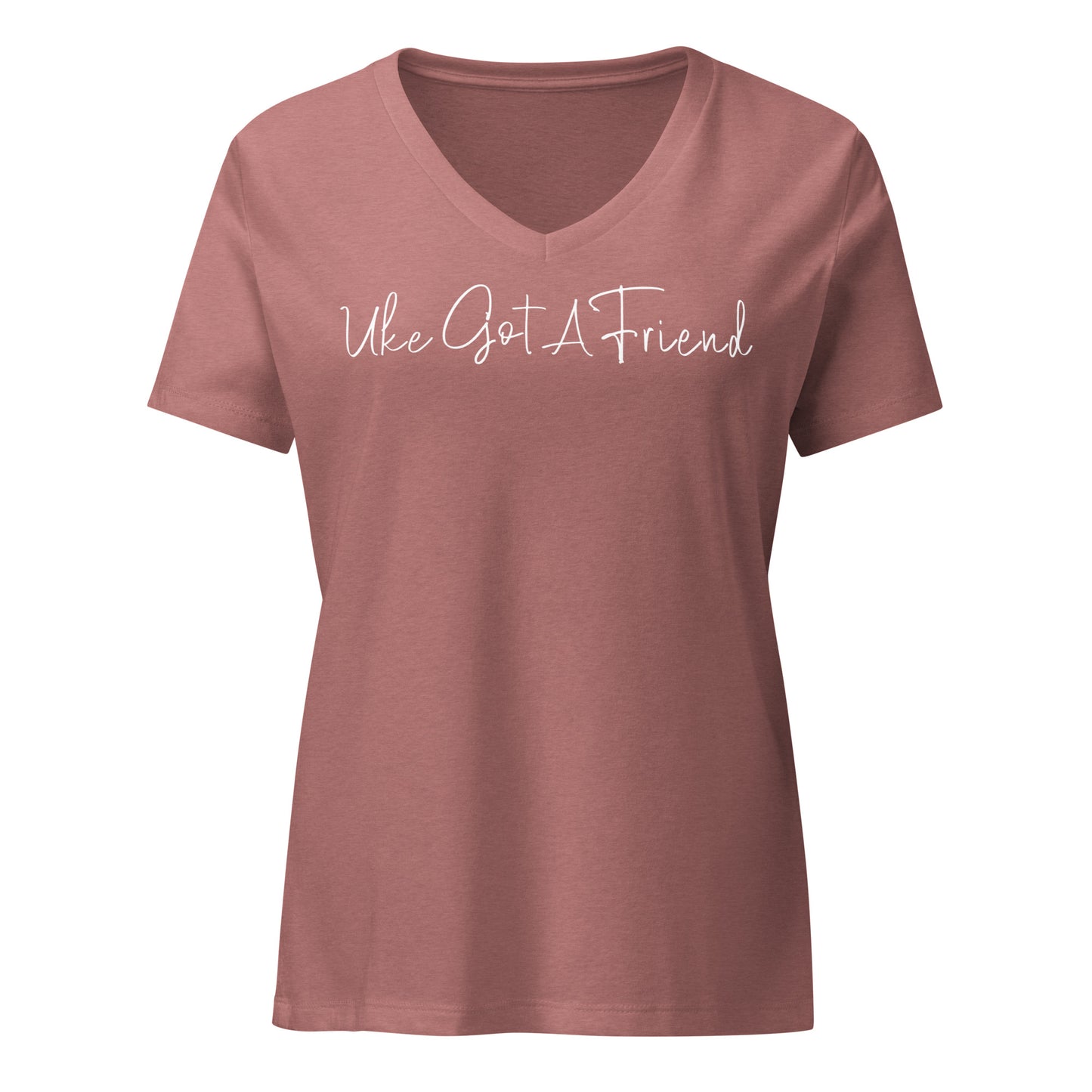 Heather mauve v-neck t-shirt printed with 'Uke Got A Friend' in white cursive text.