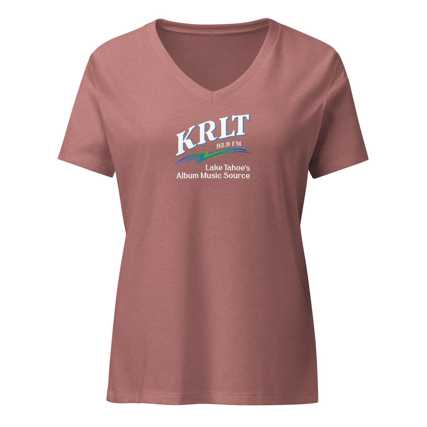Women's Heather Mauve v-neck t-shirt with square, centered KRLT logo in white, blue, and green.