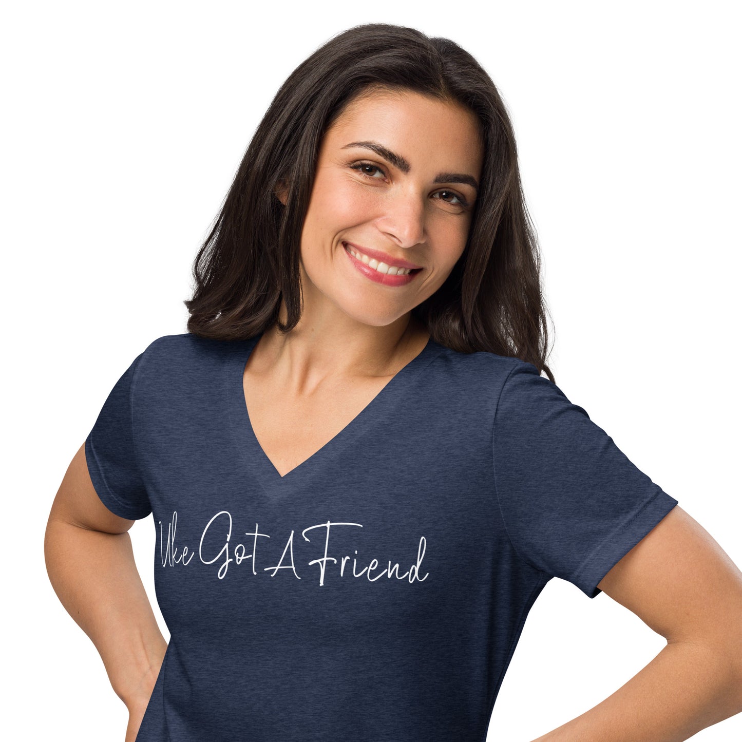 Woman wearing a heather navy blue v-neck t-shirt printed with 'Uke Got A Friend' in white cursive text.
