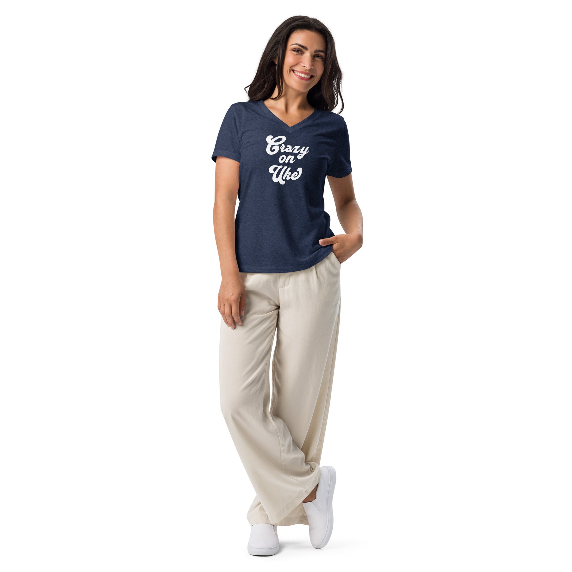 Woman wearing a heather navy blue v-neck t-shirt with 'Crazy On Uke' in white cursive text.