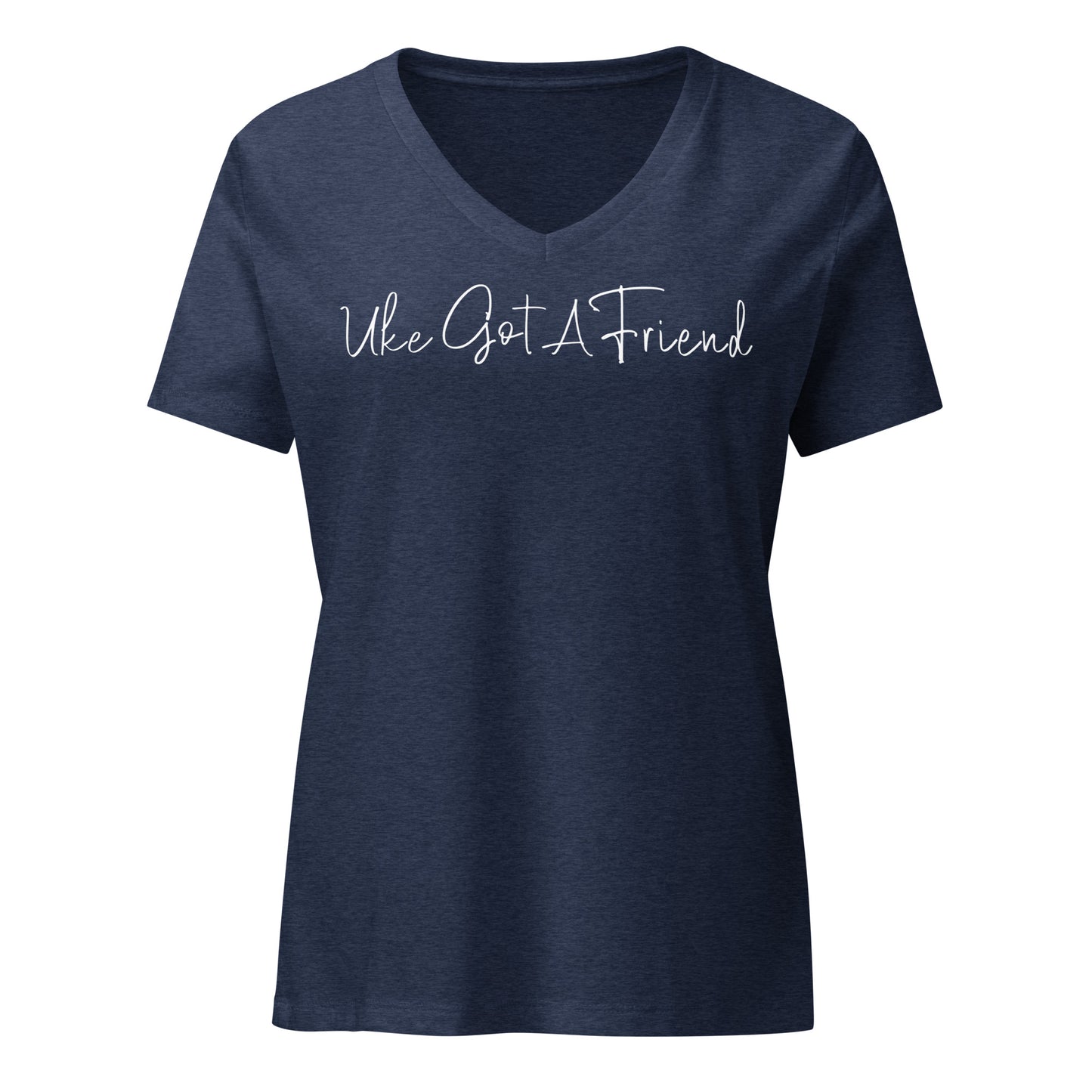 Heather navy blue v-neck t-shirt printed with 'Uke Got A Friend' in white cursive text.