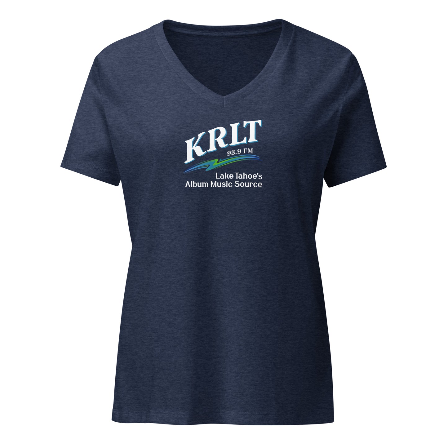 Women's Heather Navy Blue v-neck t-shirt with square, centered KRLT logo in white, blue, and green.