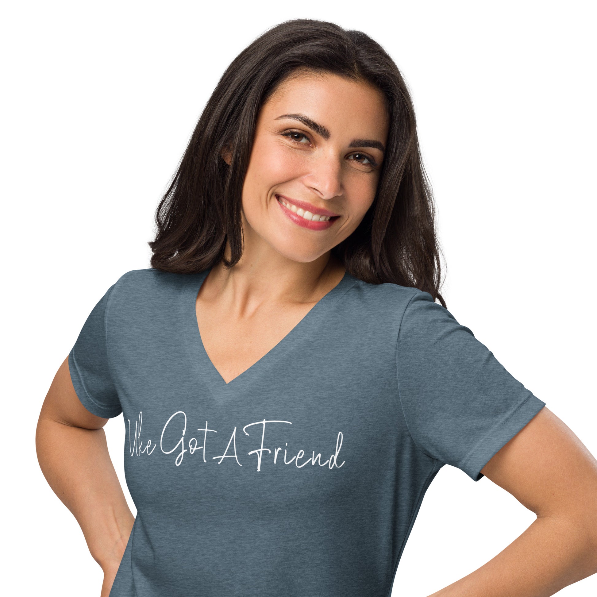 Woman wearing a heather slate blue-grey v-neck t-shirt printed with 'Uke Got A Friend' in white cursive text.