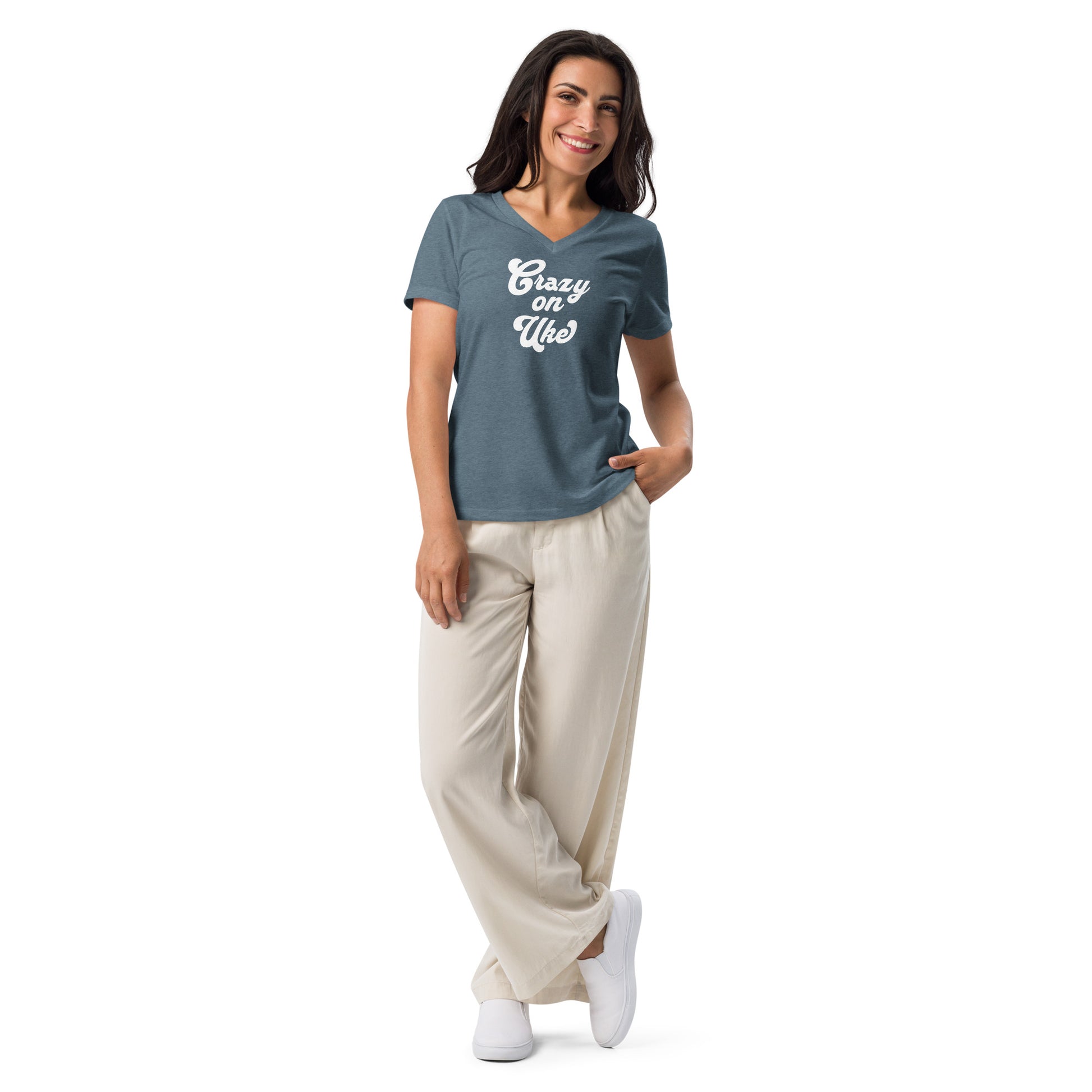 Woman wearing a heather slate blue-grey v-neck t-shirt with 'Crazy On Uke' in white cursive text.