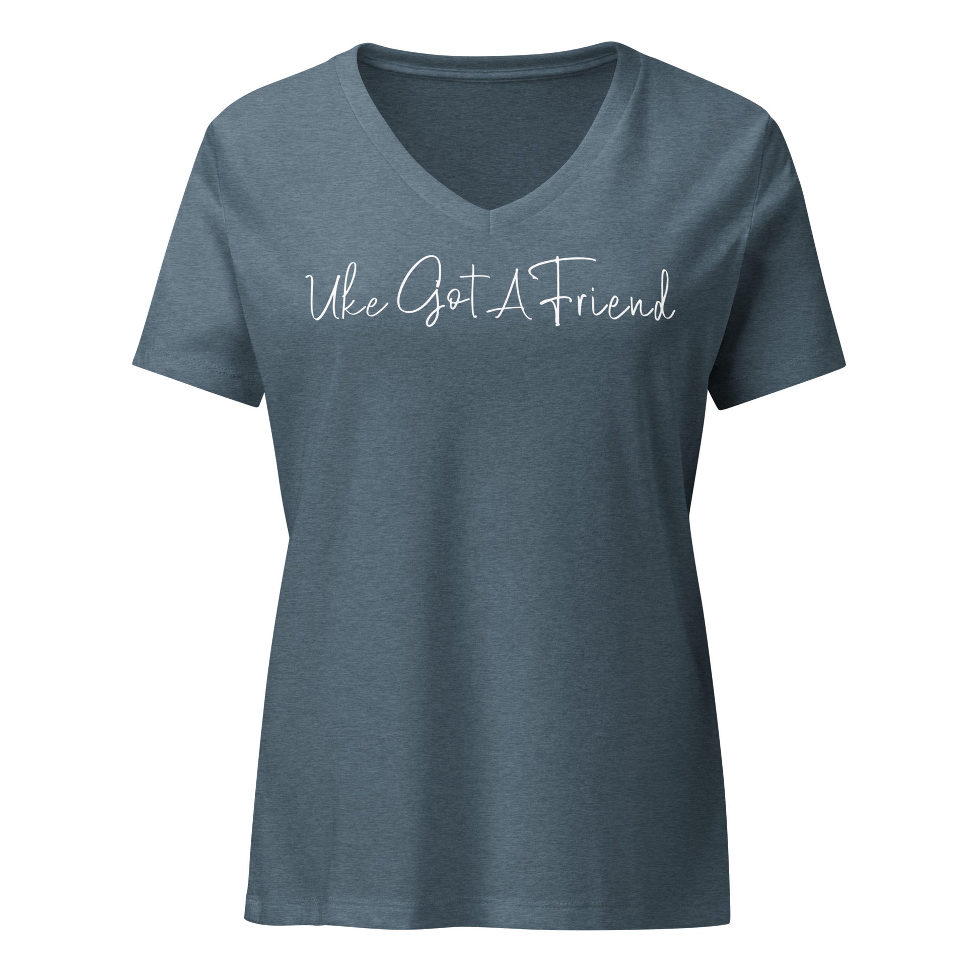 Heather slate blue-grey v-neck t-shirt printed with 'Uke Got A Friend' in white cursive text.