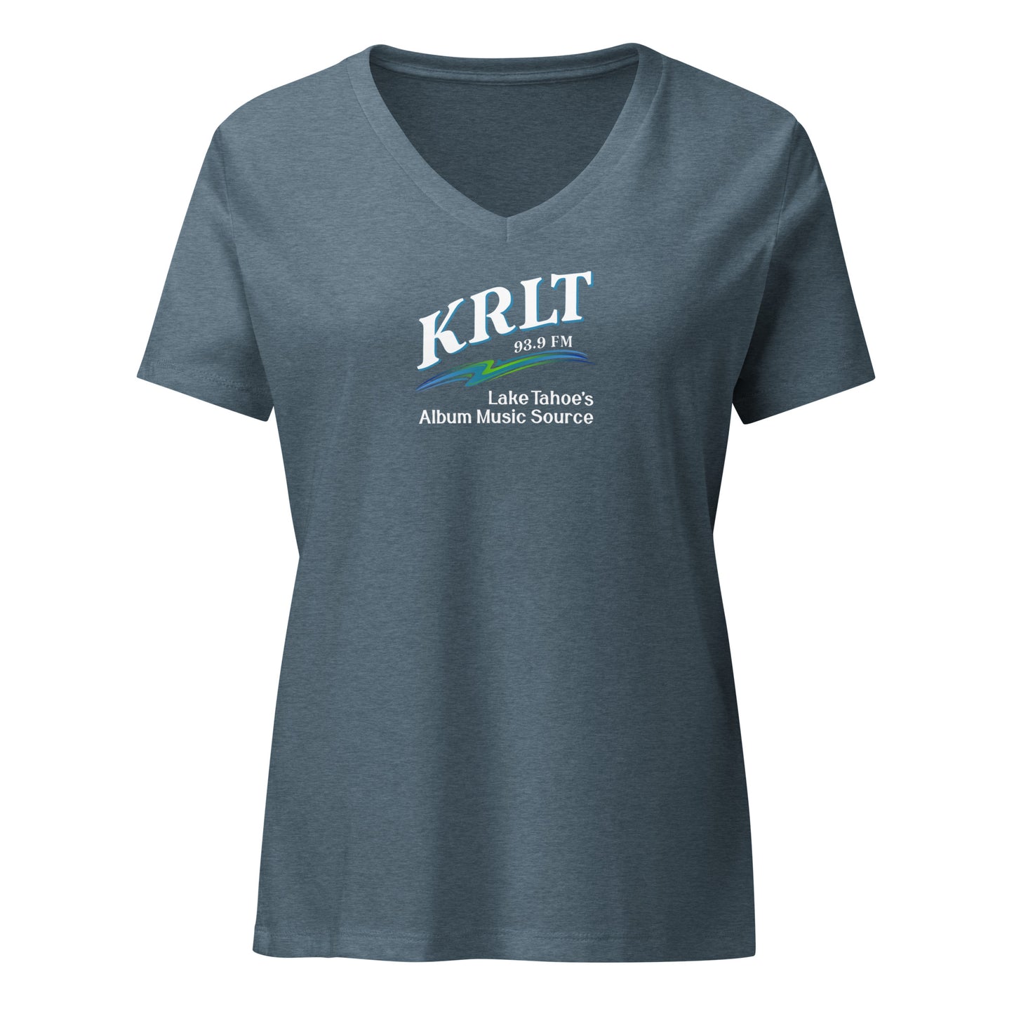 Women's Heather Slate v-neck t-shirt with square, centered KRLT logo in white, blue, and green.