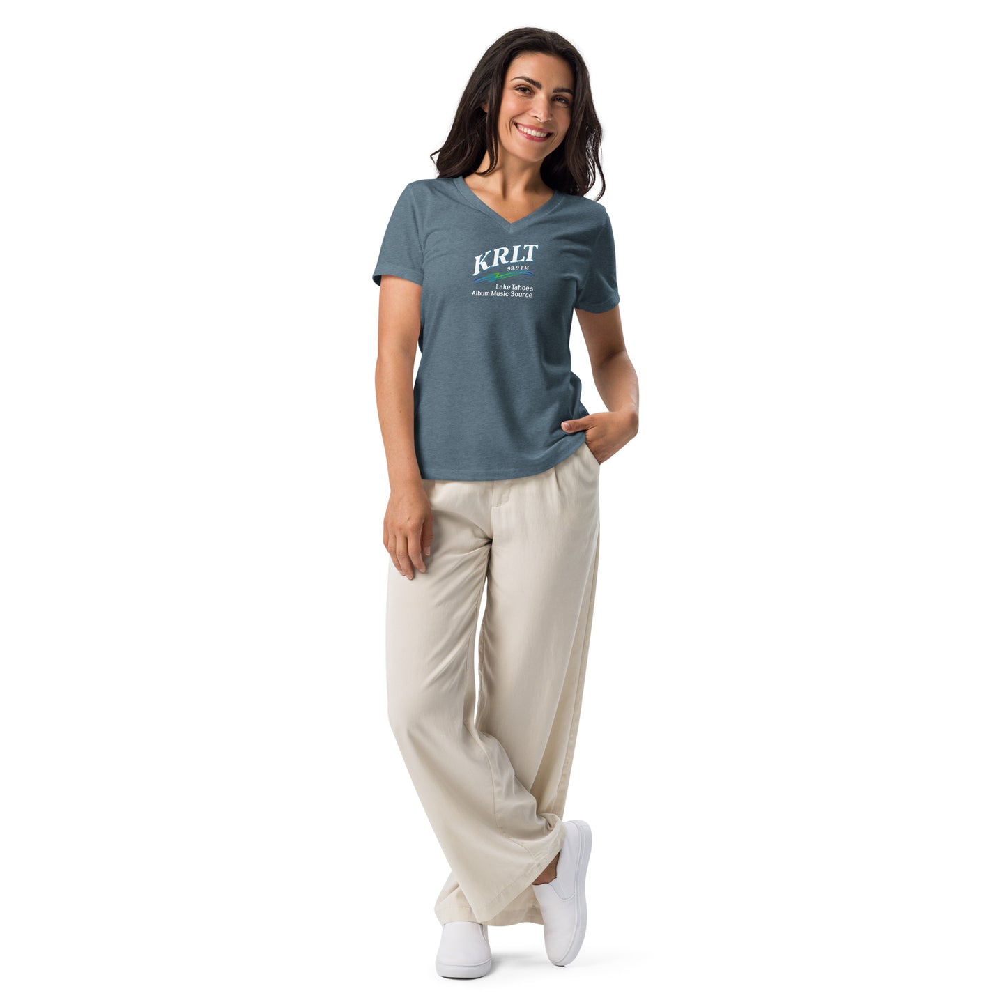 Women's Heather Slate v-neck t-shirt with square, centered KRLT logo in white, blue, and green.