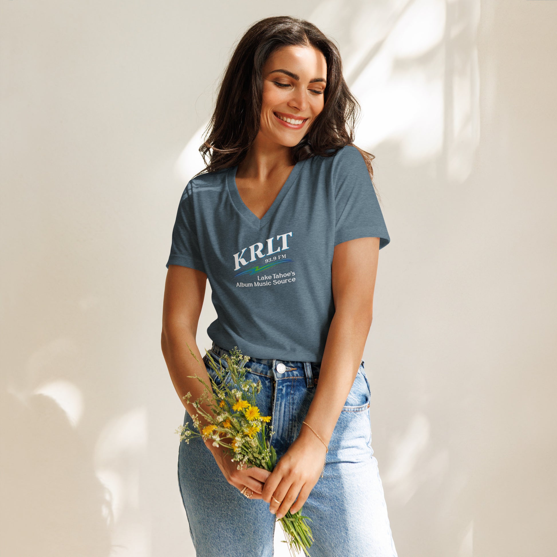 Women's Heather Slate v-neck t-shirt with square, centered KRLT logo in white, blue, and green.