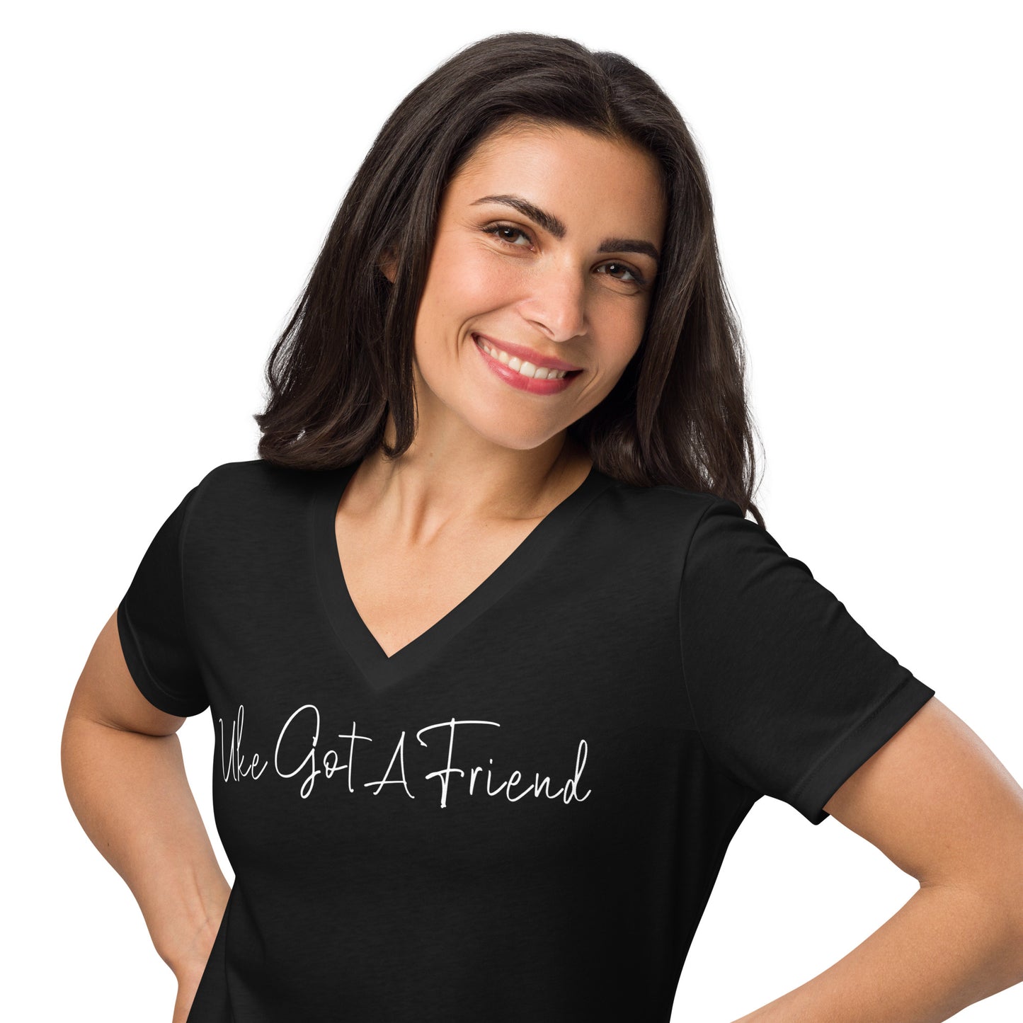 Woman wearing a black v-neck t-shirt printed with 'Uke Got A Friend' in white cursive text.