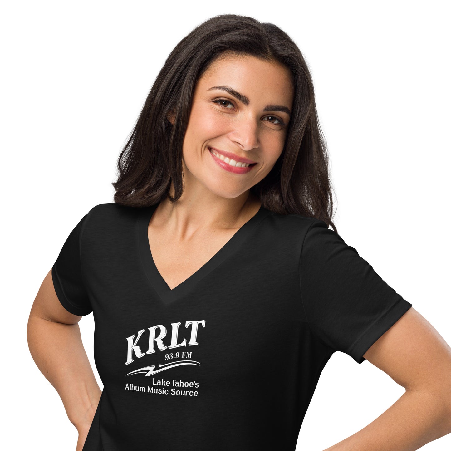 Women wearing a Black v-neck tee with the KRLT radio logo in white.