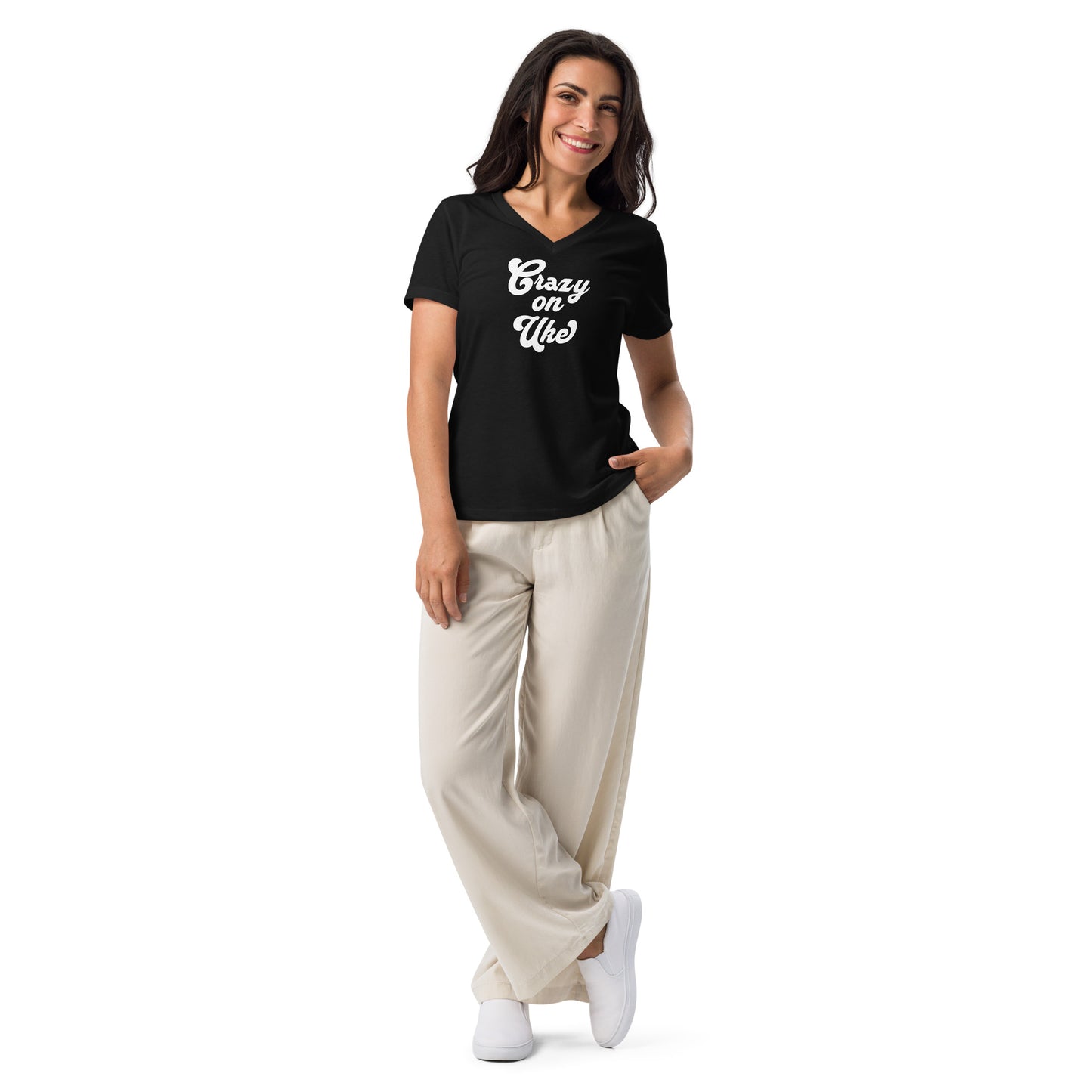 Woman wearing a black v-neck t-shirt with 'Crazy On Uke' in white cursive text.