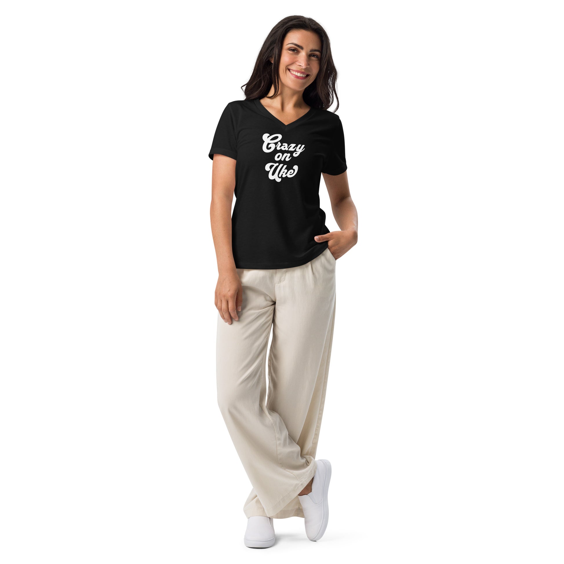 Woman wearing a black v-neck t-shirt with 'Crazy On Uke' in white cursive text.