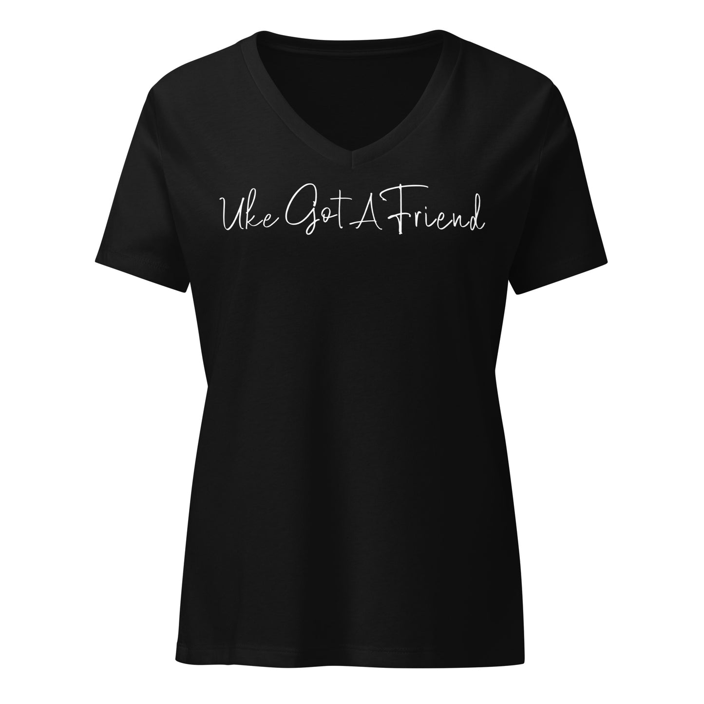 Black v-neck t-shirt printed with 'Uke Got A Friend' in white cursive text.