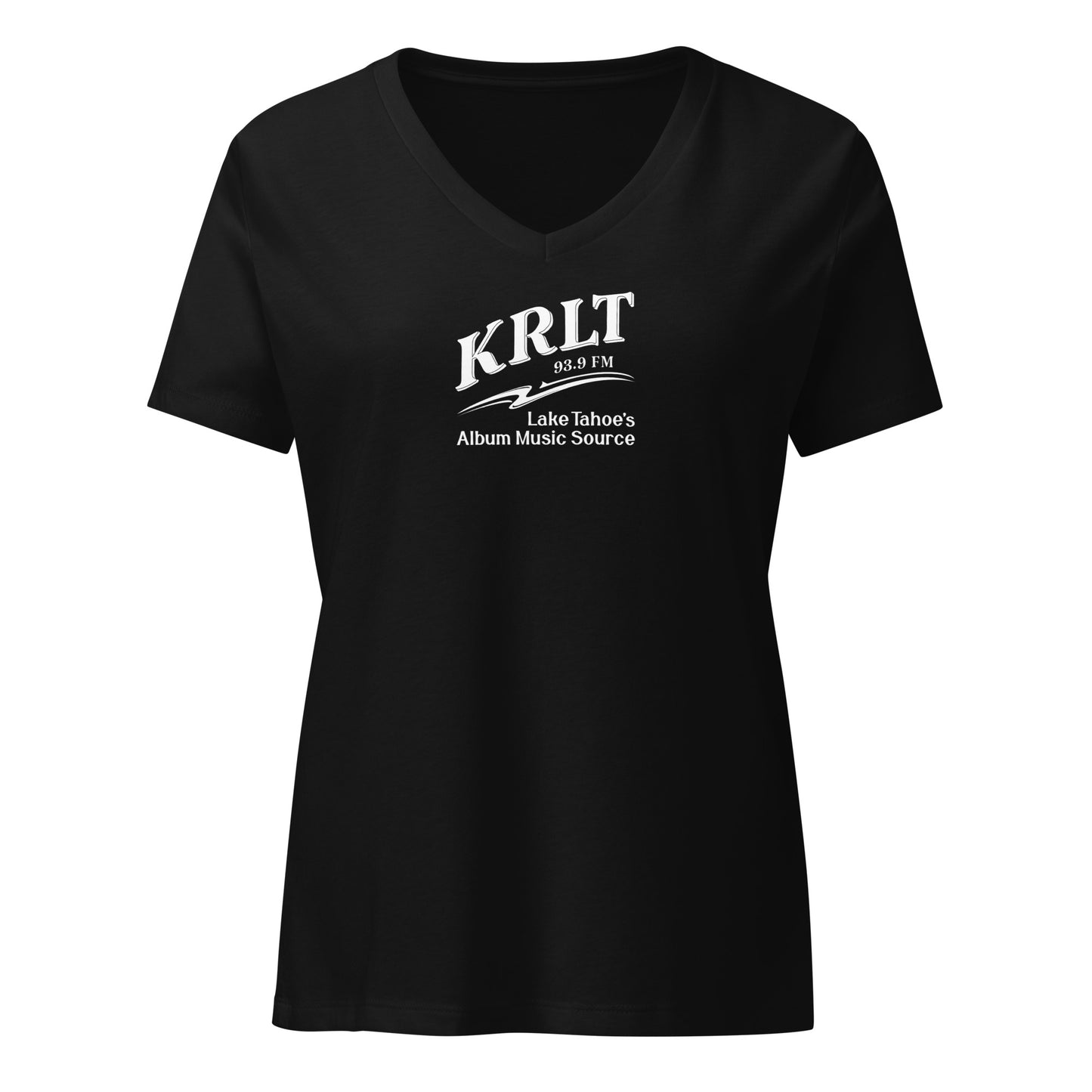 Women's Black v-neck tee with the KRLT radio logo in white.