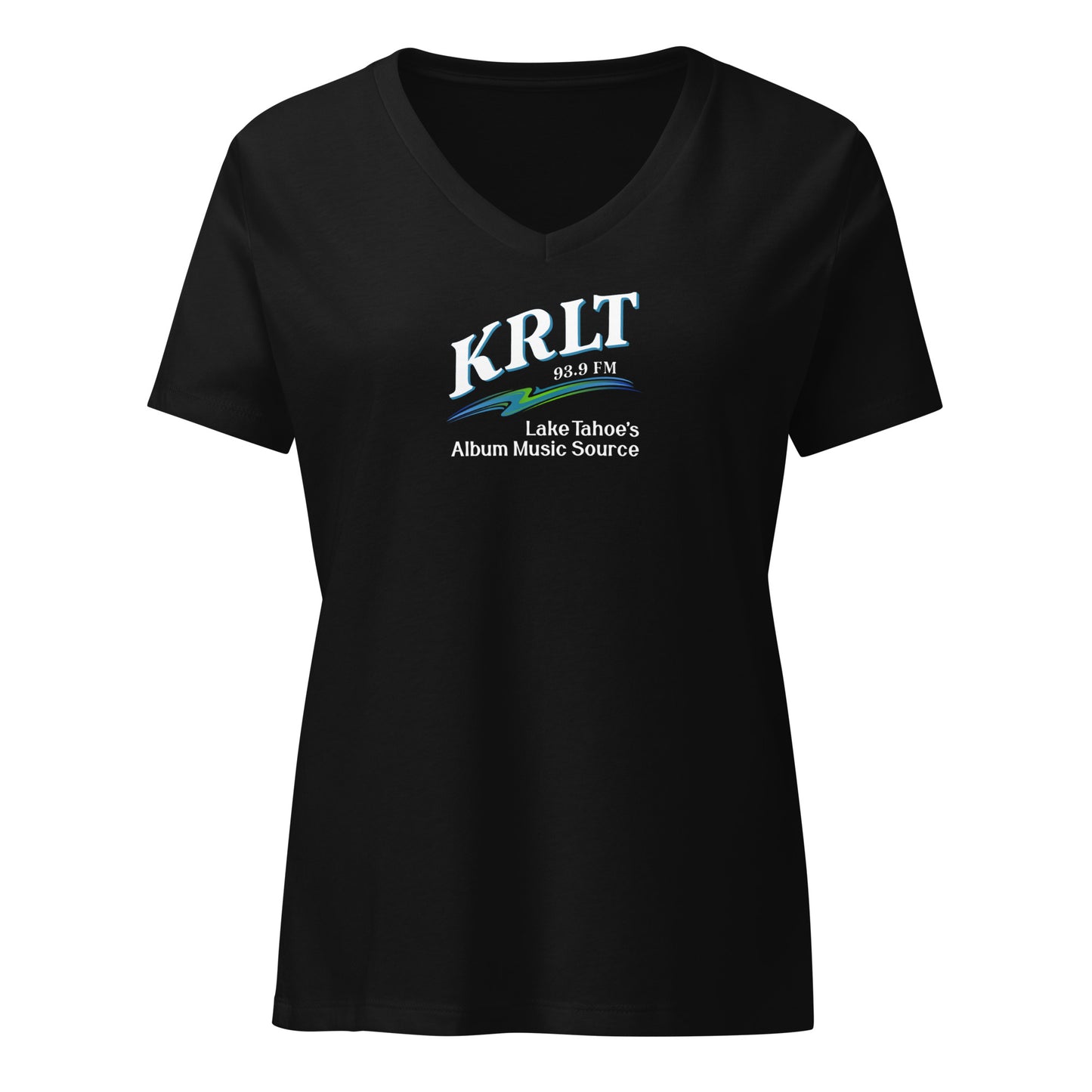 Women's Black v-neck t-shirt with square, centered KRLT logo in white, blue, and green.