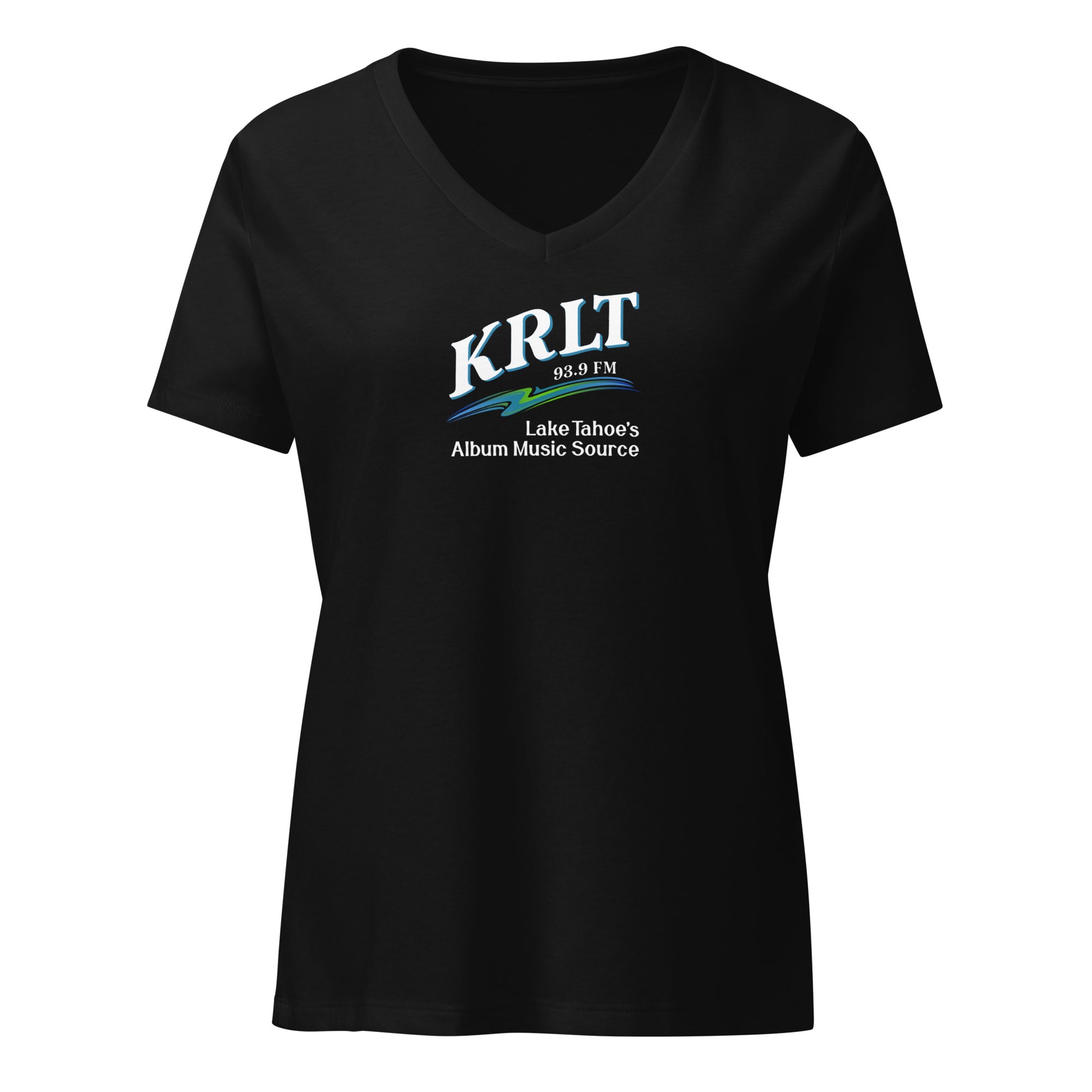 Women's Black v-neck t-shirt with square, centered KRLT logo in white, blue, and green.