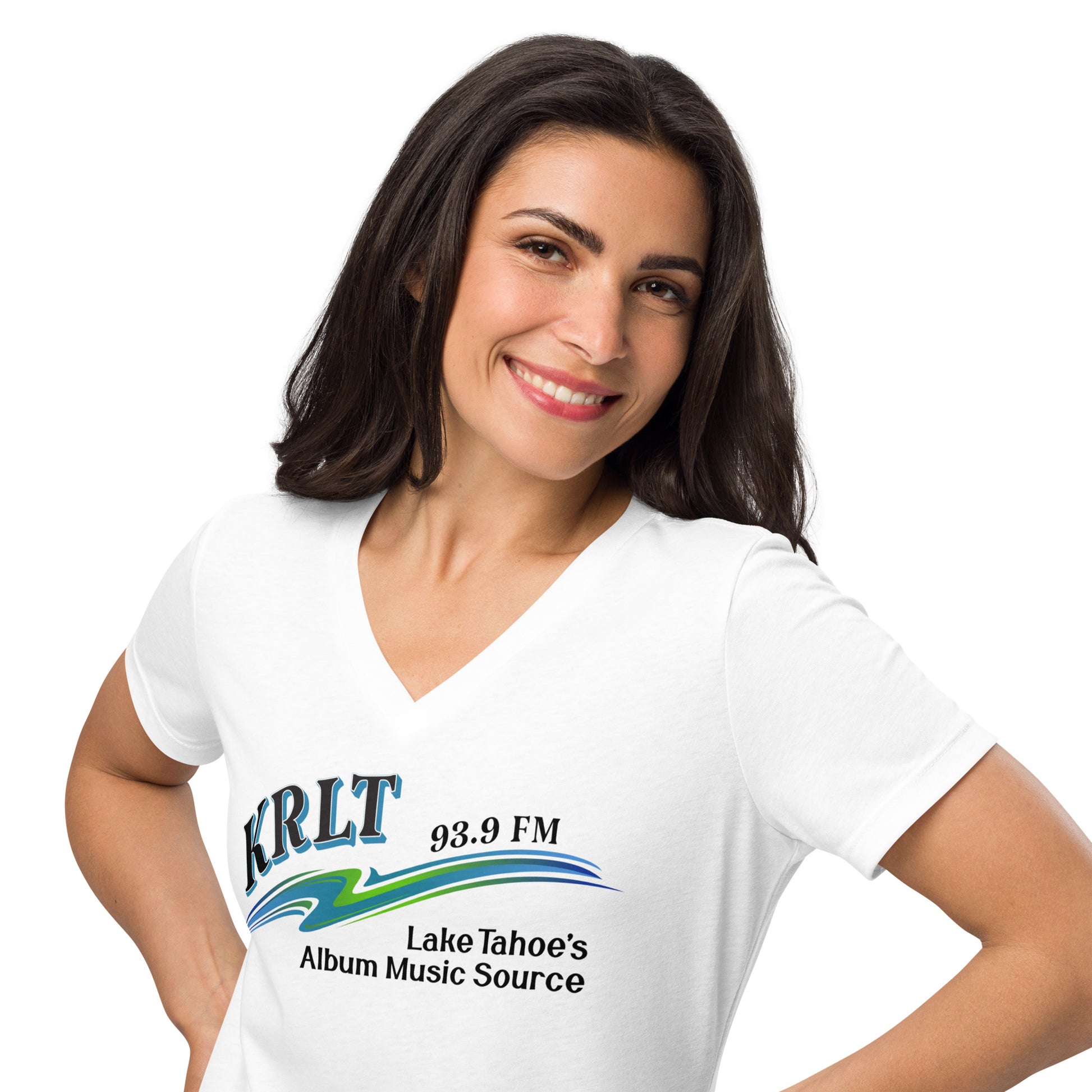 Women wearing a white v-neck tee with the KRLT radio logo in black, blue, and green.