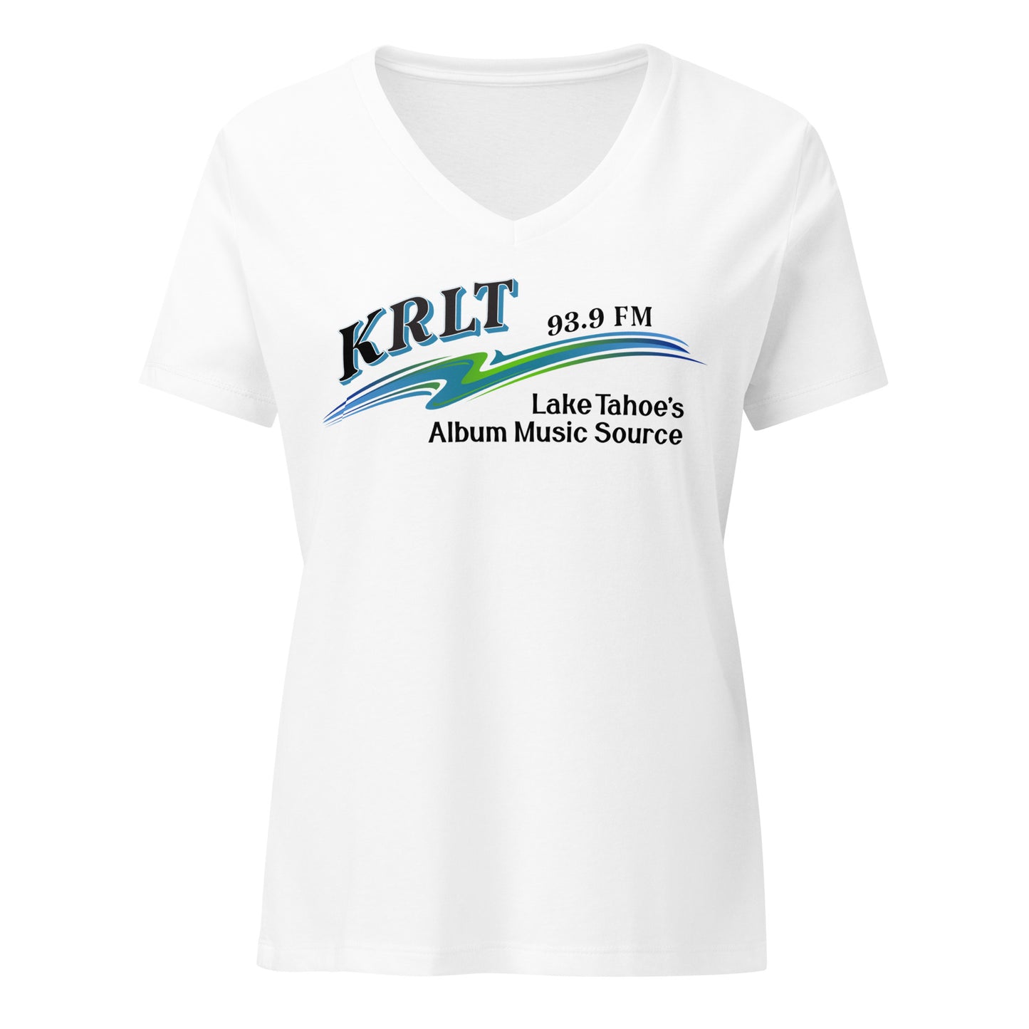 Women's white v-neck tee with the KRLT radio logo in black, blue, and green.