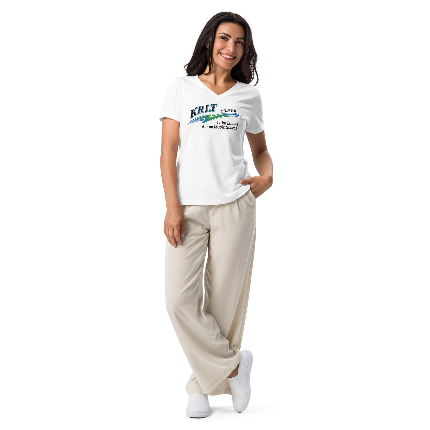 Women's white v-neck tee with the KRLT radio logo in black, blue, and green.