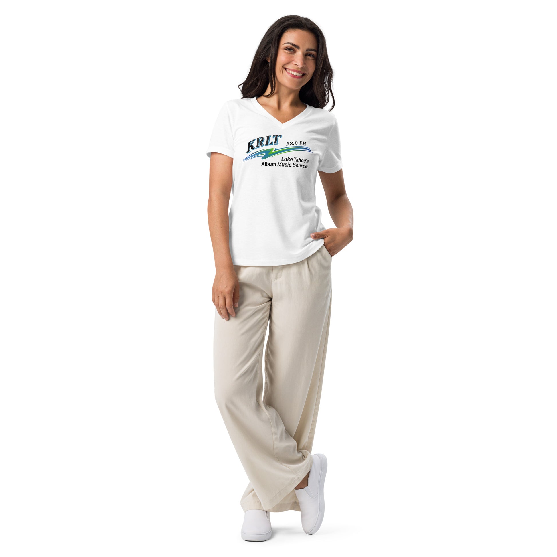 Women's white v-neck tee with the KRLT radio logo in black, blue, and green.