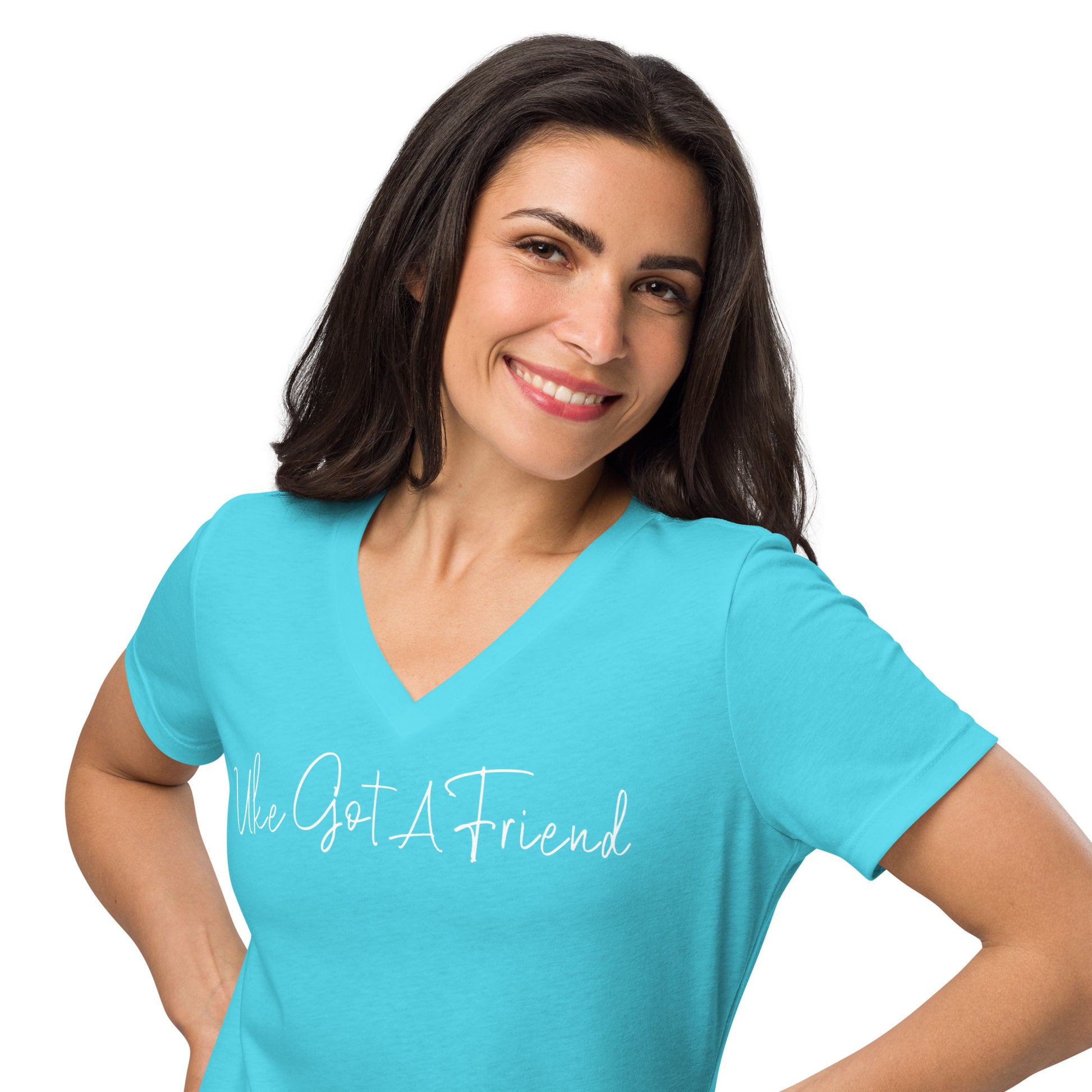 Woman wearing a turquoise v-neck t-shirt printed with 'Uke Got A Friend' in white cursive text.