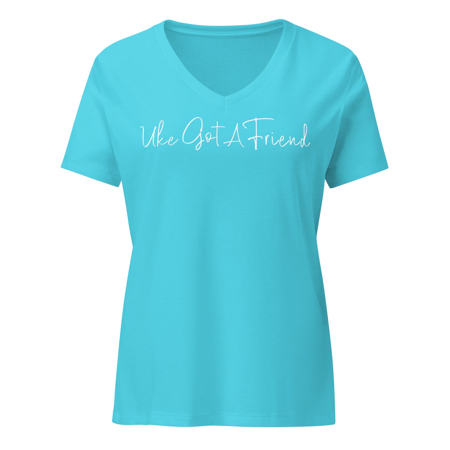 Turquoise v-neck t-shirt printed with 'Uke Got A Friend' in white cursive text.