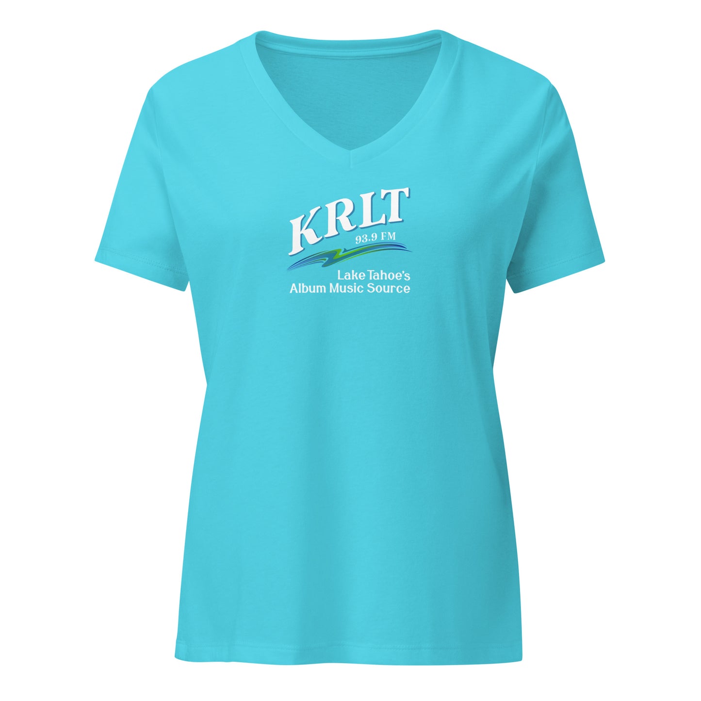Women's Turquoise v-neck t-shirt with square, centered KRLT logo in white, blue, and green.