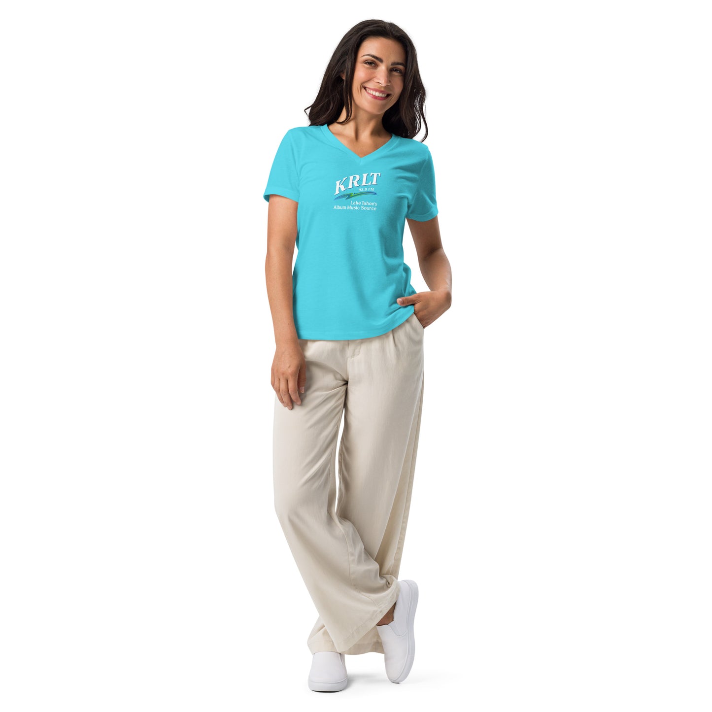 Women's Turquoise v-neck t-shirt with square, centered KRLT logo in white, blue, and green.
